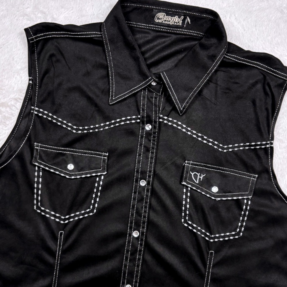 Cowgirl Hardware SLEEVELESS Western Shirt Womens XL Black Pearl Snap Yoke Rodeo